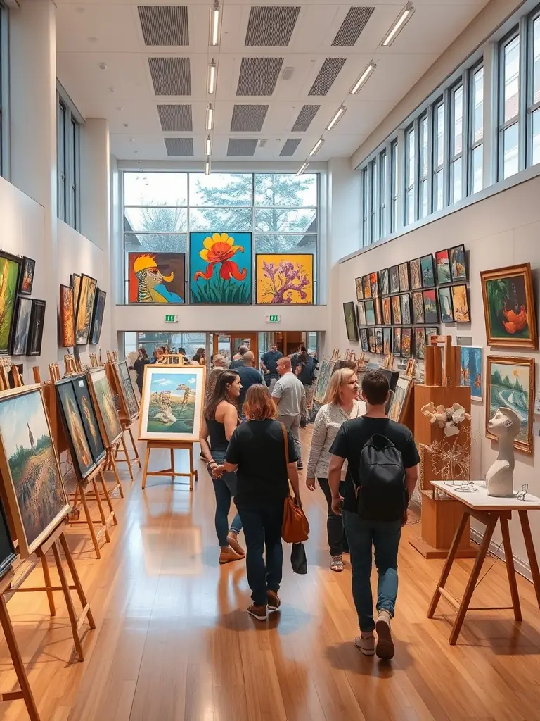 An image of an art exhibition held at the library, showcasing local artists' work and attracting community members.