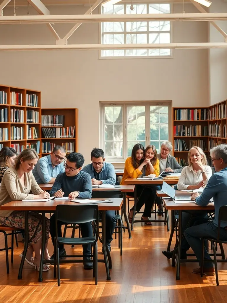 A photo of adults attending a writing workshop at the library, highlighting the organization's commitment to lifelong learning and cultural enrichment.