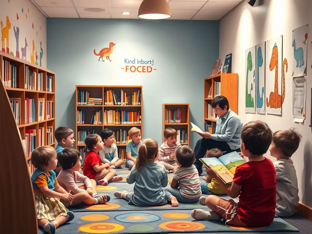 A vibrant image depicting children participating in a storytelling session at the library, with a friendly librarian reading aloud from a colorful book. The scene should convey joy, engagement, and the magic of reading.