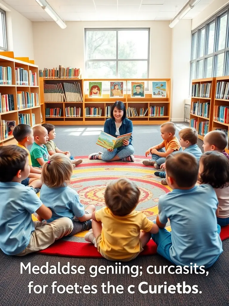 A vibrant photo of children participating in a storytelling session at the Blet library, with a friendly librarian reading aloud.
