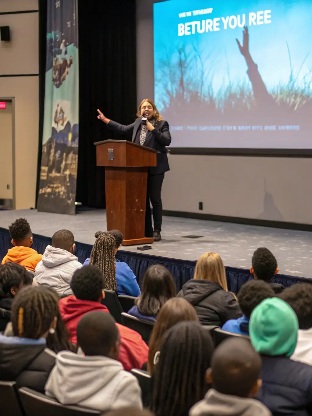 A photo of a guest speaker giving a lecture at the library, with an engaged audience listening attentively.
