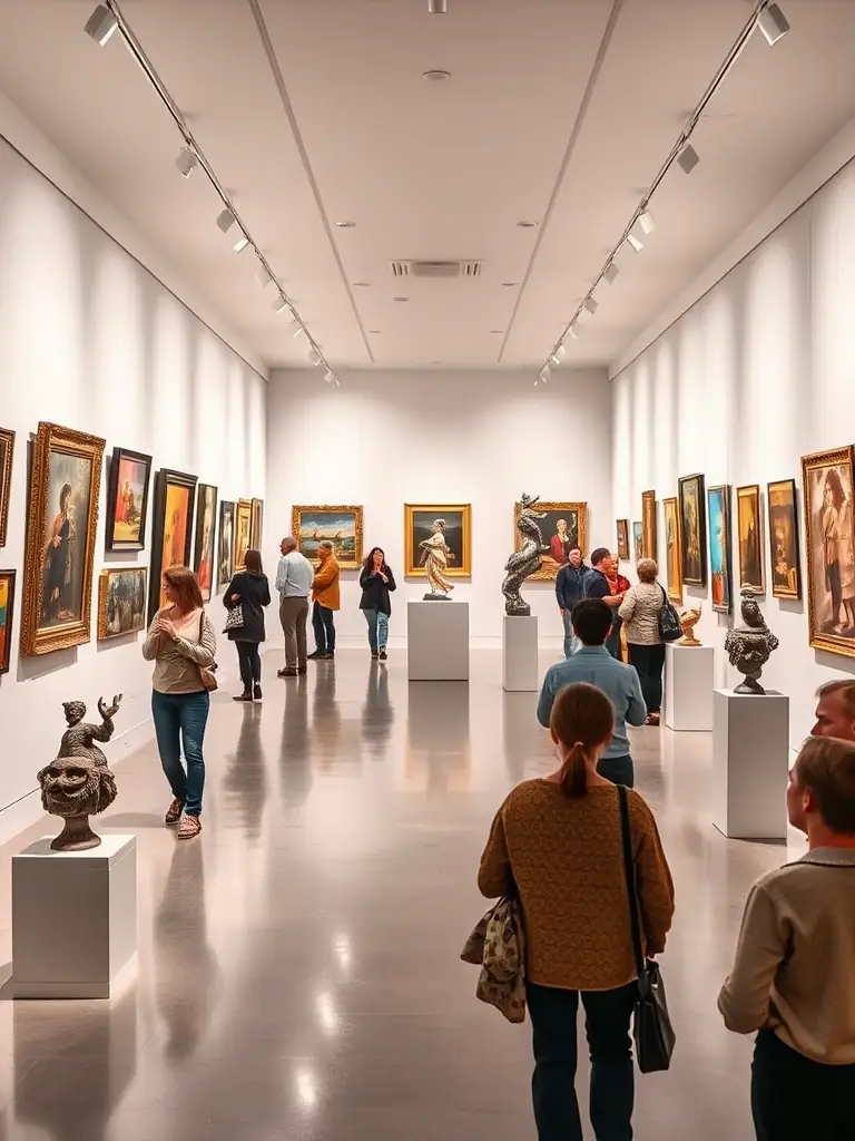 An image of an art exhibition held at the Blet library, showcasing local artists' works and visitors admiring the displays.