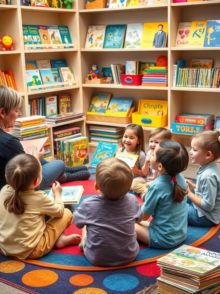 A vibrant photo of children participating in a storytelling session at the Blet library, showcasing the joy of reading and community engagement.