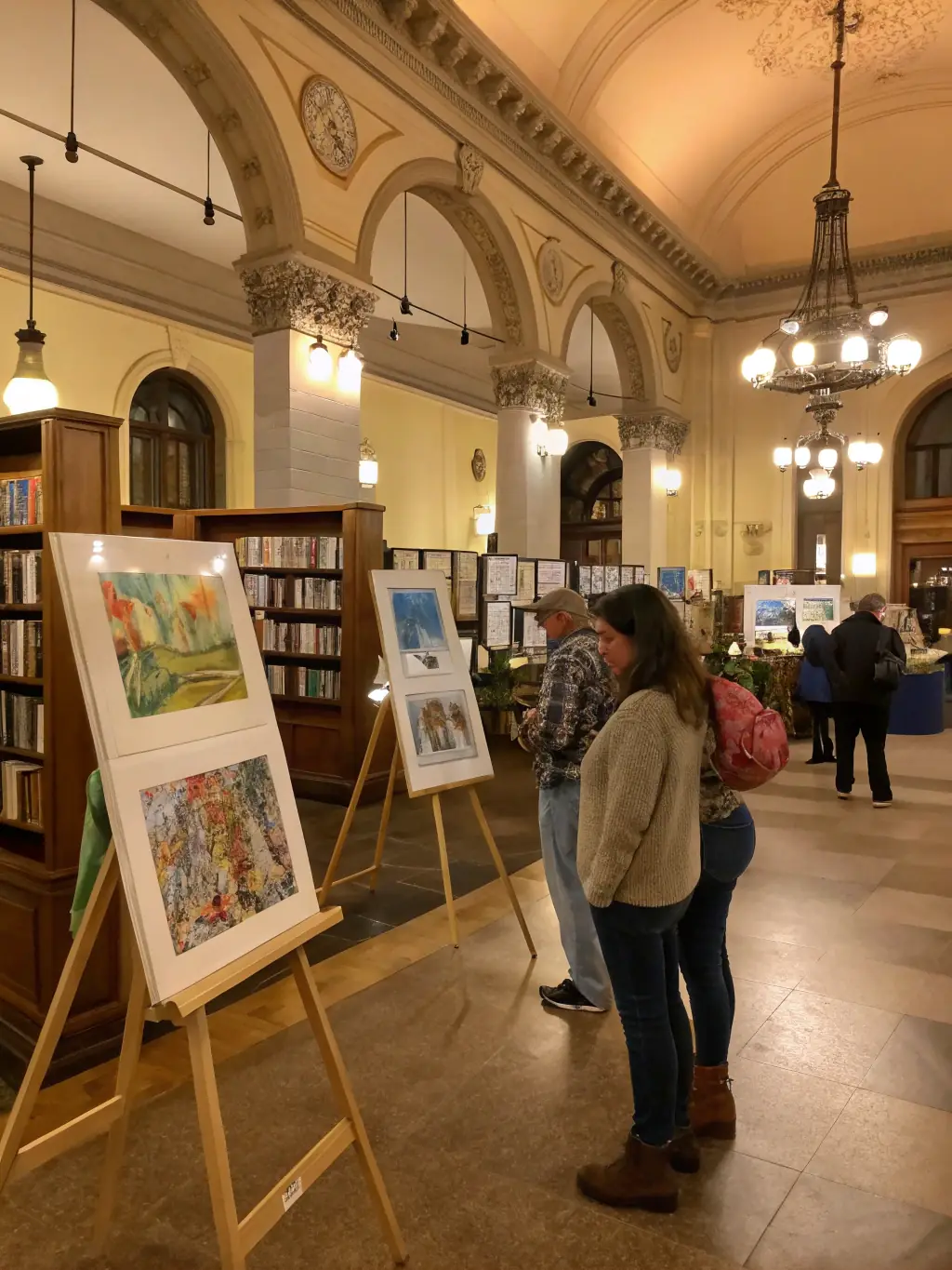 An image of a local artist displaying their work at an art exhibition hosted by the association in the library, showcasing the promotion of local talent.