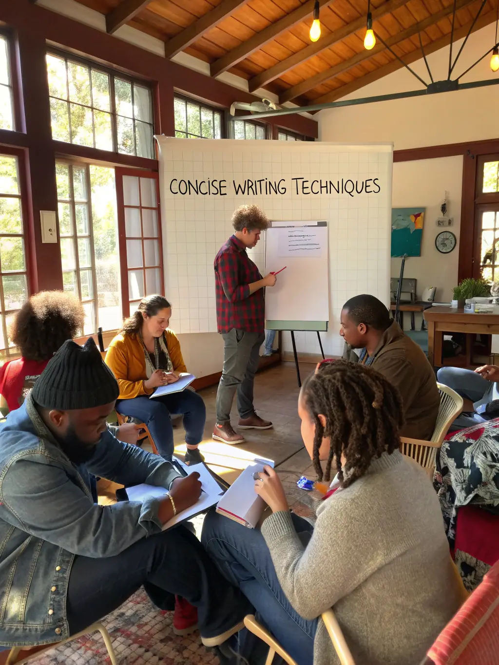 A photograph of community members participating in a writing workshop organized by the association, highlighting the encouragement of creative expression.