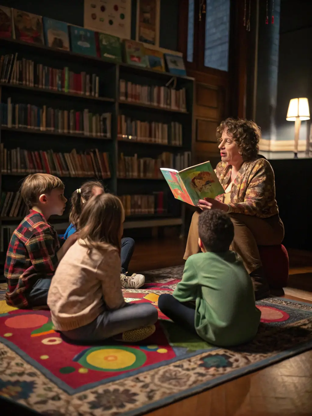 A vibrant photo capturing a children's storytelling session at the Blet library, with a storyteller dressed in costume and children listening attentively.
