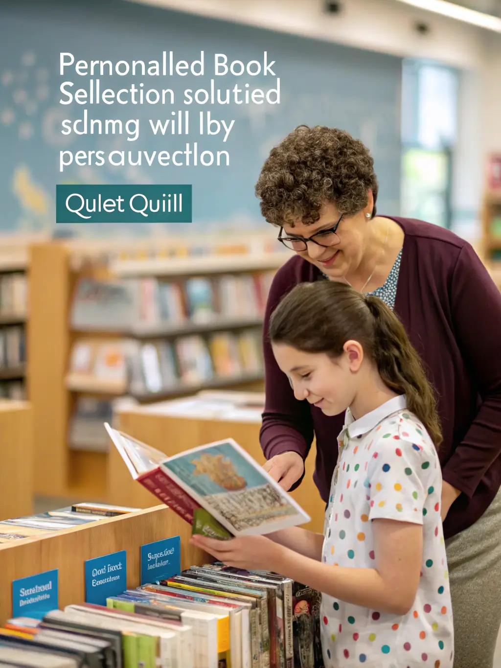 A photo showing volunteers assisting elderly residents in selecting books at the library, emphasizing the intergenerational connection and support.