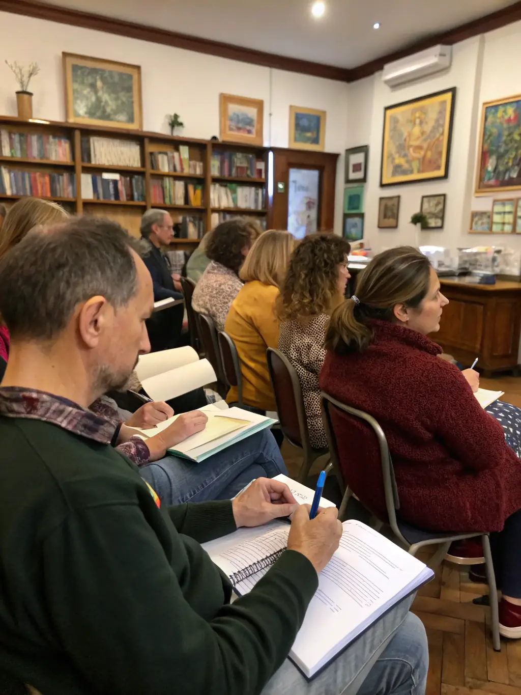 A photo of an adult writing workshop at the library, showing participants engaged in writing exercises and discussions.