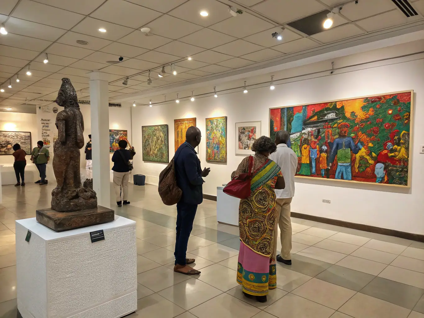 A photograph capturing a lively art exhibition held at the library, featuring diverse artworks and attendees of all ages appreciating the displays. The scene should highlight the library's role as a cultural hub and a platform for local artists.