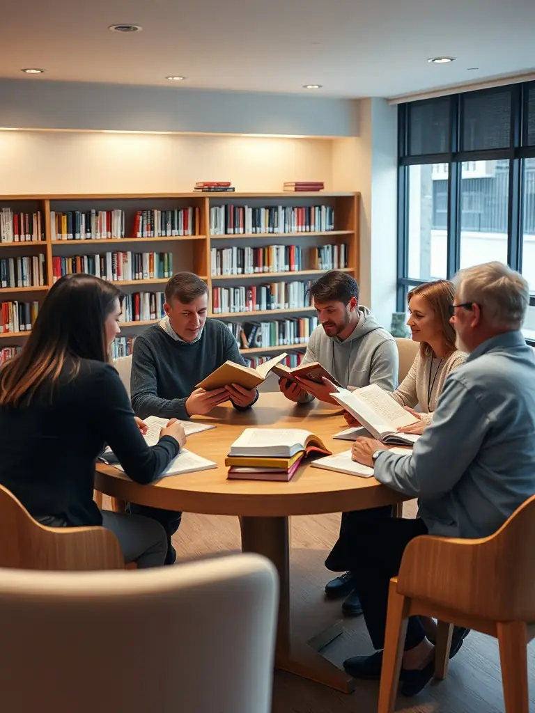 A photograph of adults attending a writing workshop at the library, focused on creative writing techniques.