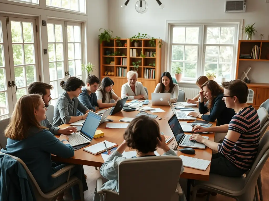 An image showcasing adults participating in a creative writing workshop at the library, with participants actively writing and sharing their work. The atmosphere should be supportive, inspiring, and conducive to creative expression.